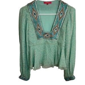 Nikka Silk Peplum Blouse Peacock Beaded Teal Green M